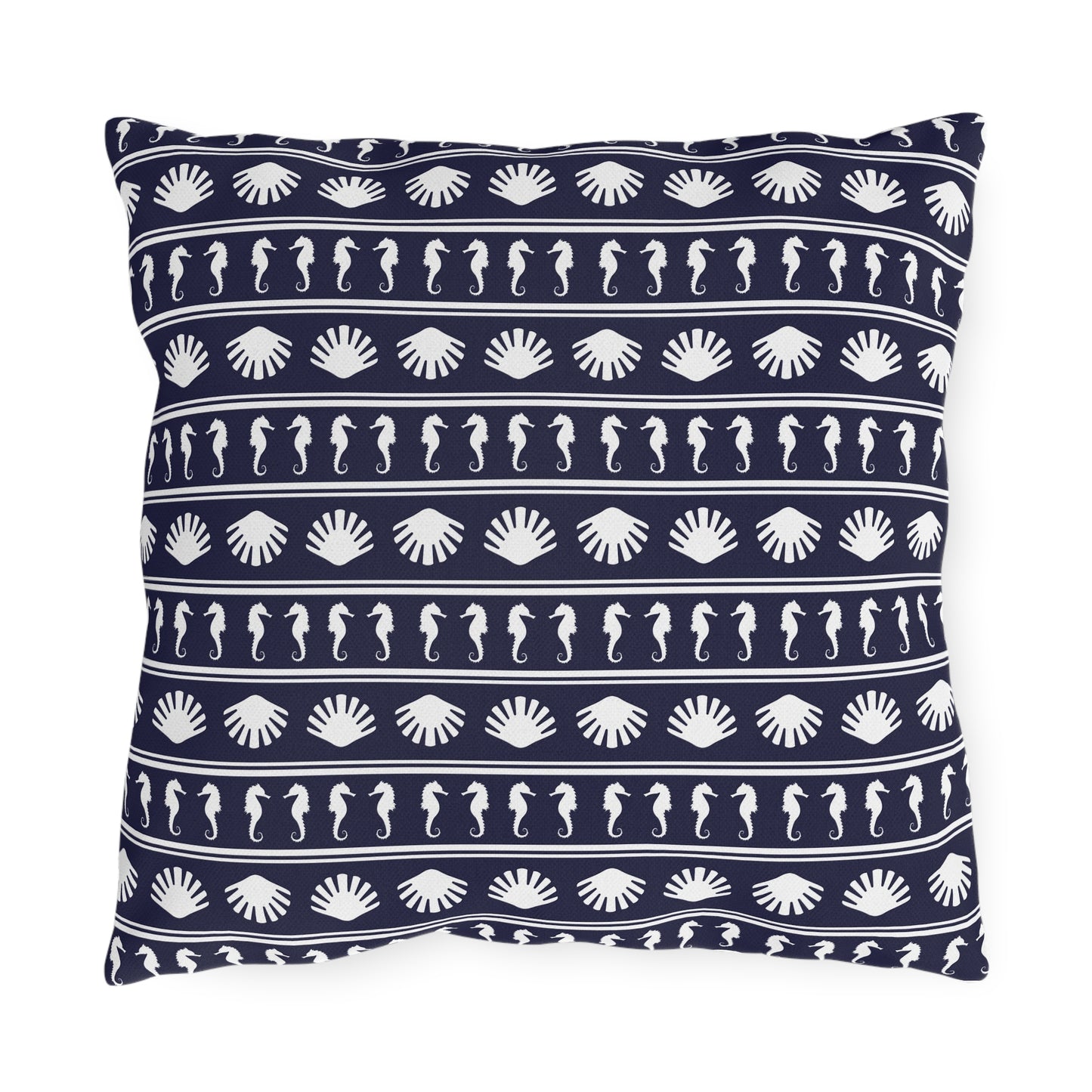 Navy Blue and White Seahorses and Shells Outdoor Pillow
