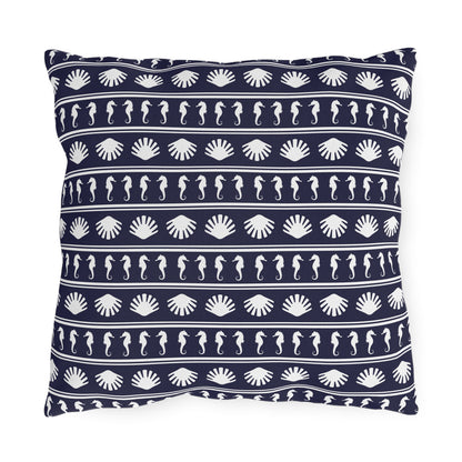 Navy Blue and White Seahorses and Shells Outdoor Pillow