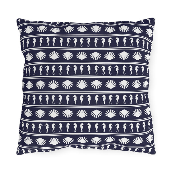 Navy Blue and White Seahorses and Shells Outdoor Pillow
