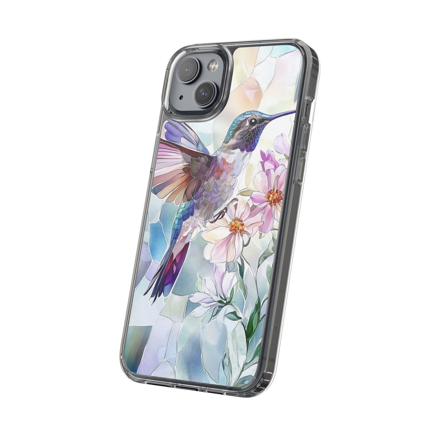 Clear Hummingbird Phone Case - Floral Stained Glass Design, Wireless Charging Compatible