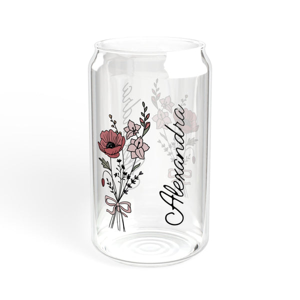 Personalized August Flower 16oz Can Glass - Stylish Sipper with Bamboo Lid and Straw