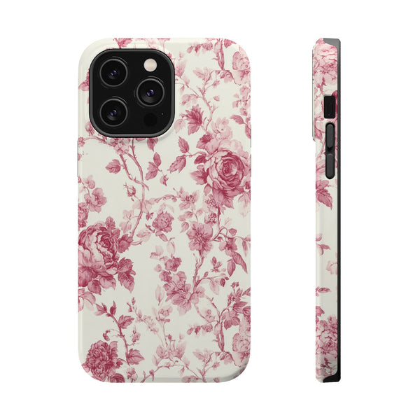 Pink Floral MagSafe iPhone Case, Toile de Jouy Design, Compatible with iPhone 13 to 16, Elegant Pink Flower Design, Slim Protective Case