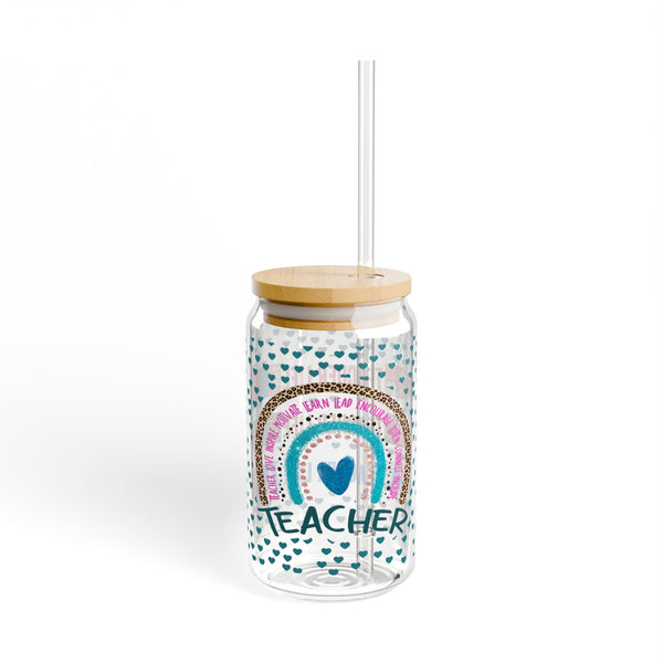 16 oz glass can cup with Teacher Life design