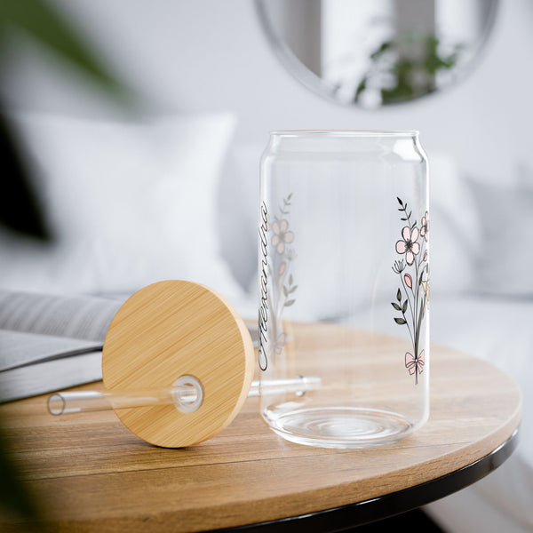 Personalized March Flower 16oz Can Glass - Stylish Sipper with Bamboo Lid and Straw