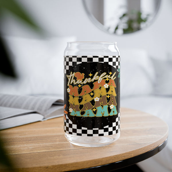 Thankful Mama 16oz Glass, Mama Can Glass, Christmas Gift, Thanksgiving, Glass Jar with Lid and Straw, 16oz Glass Cup, Libbey Cup