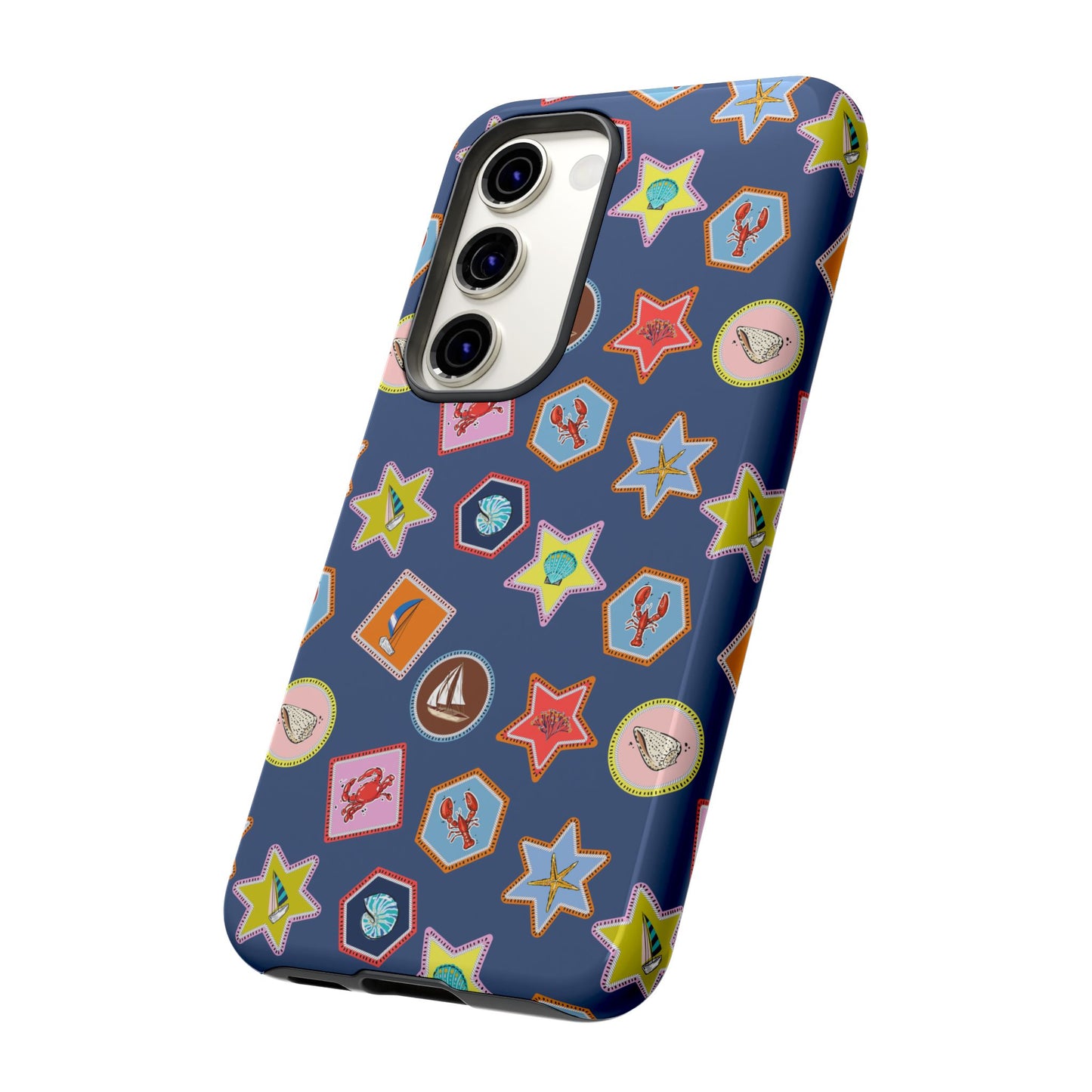 Lobsters Sailboats and Seashells on Navy Blue Phone Case