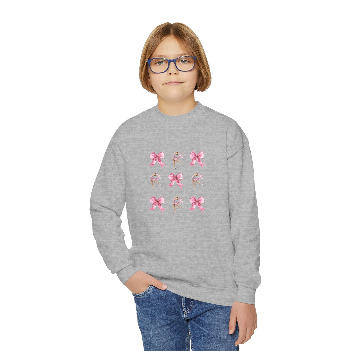 Youth Crewneck Sweatshirt — Pink Ballet Bow Grid Graphic for Girls, Cute Dance Crewneck