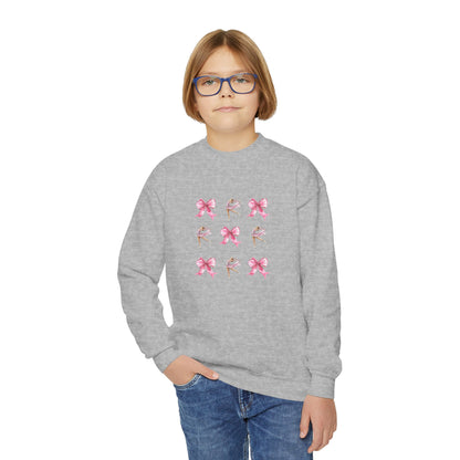 Youth Crewneck Sweatshirt — Pink Ballet Bow Grid Graphic for Girls, Cute Dance Crewneck