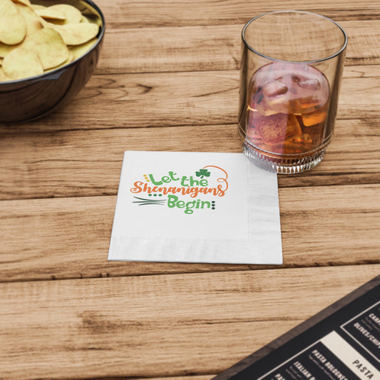 Let the Shenanigans Begin White Coined Paper Napkins, Luncheon Size, Beverage Size, St Patricks Day Napkins, Bar Napkins