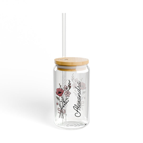 Personalized December Flower 16oz Can Glass - Stylish Sipper with Bamboo Lid and Straw