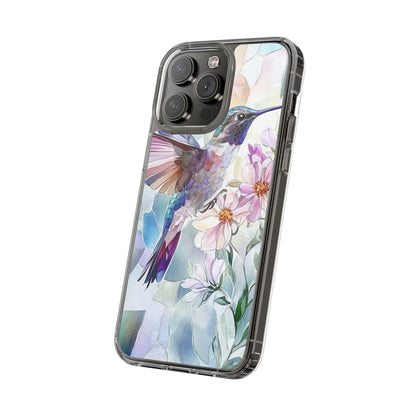 Clear Hummingbird Phone Case - Floral Stained Glass Design, Wireless Charging Compatible