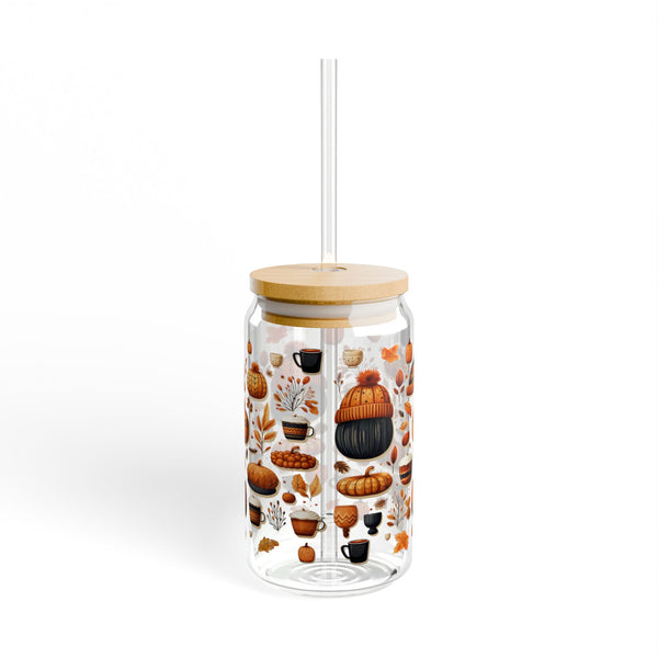 Fall 16oz Glass, Fall Icon Can Glass, Pumpkin Spice Cup, Glass Jar with Lid and Straw, 16oz Glass Cup, Libbey Cup