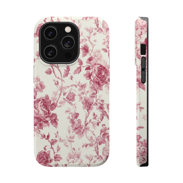 Pink Floral MagSafe iPhone Case, Toile de Jouy Design, Compatible with iPhone 13 to 16, Elegant Pink Flower Design, Slim Protective Case
