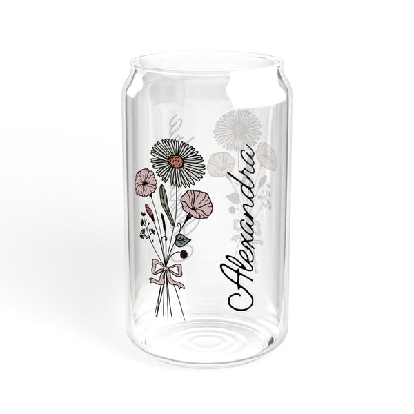 Personalized October Flower 16oz Can Glass - Stylish Sipper with Bamboo Lid and Straw
