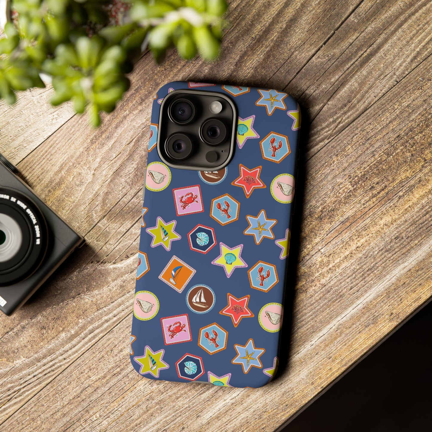 Lobsters Sailboats and Seashells on Navy Blue Phone Case