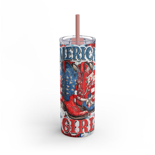 Cowgirl Boots, Skinny 20oz Matte Tumbler, American Flag Themed, Cowgirl Boots, Red White Blue Floral