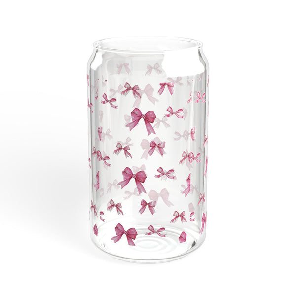 Coquette 16oz Glass Can Cup with Pink Bows, Cute Iced Coffee Cup, Sipper Glass