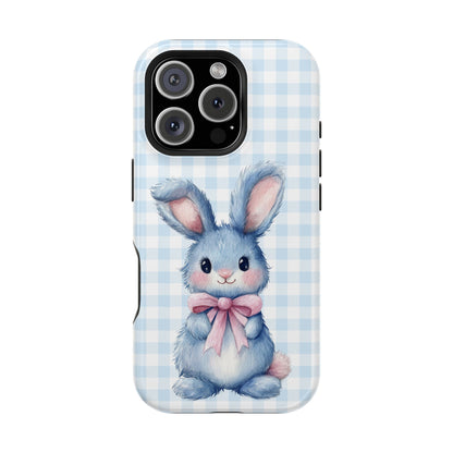 Cute Bunny on Blue Plaid MagSafe iPhone Case