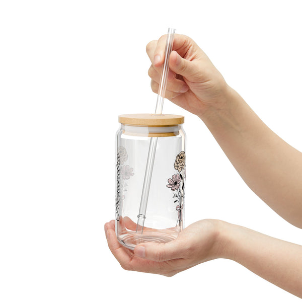 Personalized September Flower 16oz Can Glass - Stylish Sipper with Bamboo Lid and Straw
