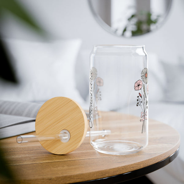 Personalized October Flower 16oz Can Glass - Stylish Sipper with Bamboo Lid and Straw