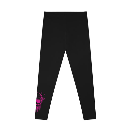 Neon Pink Drip Skull Leggings – Black Mid-Waist Activewear