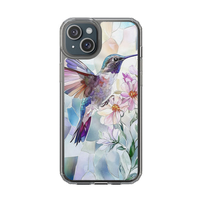 Clear Hummingbird Phone Case - Floral Stained Glass Design, Wireless Charging Compatible