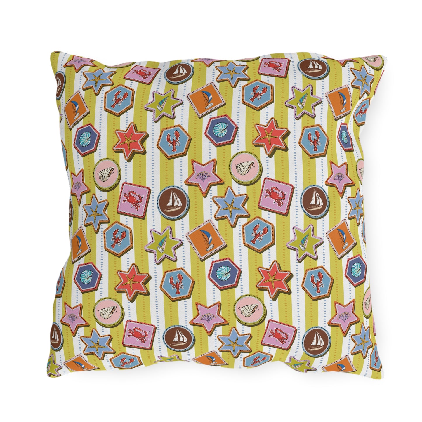 Coastal Nautical Outdoor Throw Pillow – Beach House Patio Cushion with Lobsters, Sailboats & Seashells