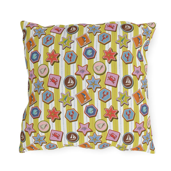 Coastal Nautical Outdoor Throw Pillow – Beach House Patio Cushion with Lobsters, Sailboats & Seashells