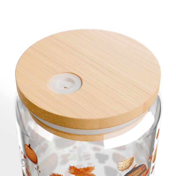 Fall 16oz Glass, Fall Icon Can Glass, Pumpkin Spice Cup, Glass Jar with Lid and Straw, 16oz Glass Cup, Libbey Cup