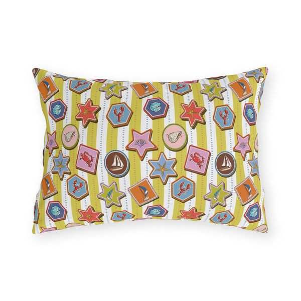 Coastal Nautical Outdoor Throw Pillow – Beach House Patio Cushion with Lobsters, Sailboats & Seashells