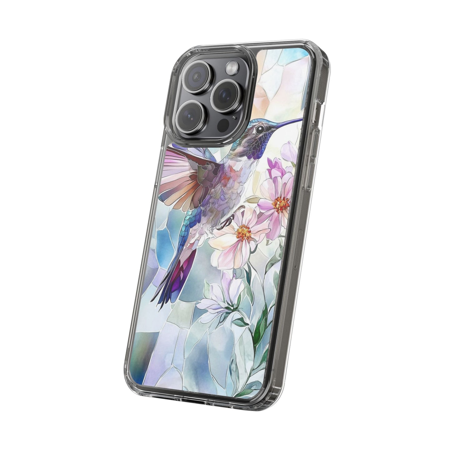 Clear Hummingbird Phone Case - Floral Stained Glass Design, Wireless Charging Compatible