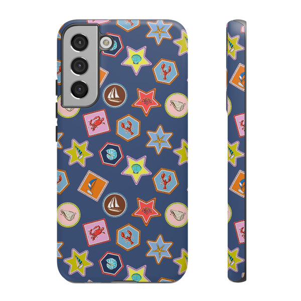 Lobsters Sailboats and Seashells on Navy Blue Phone Case