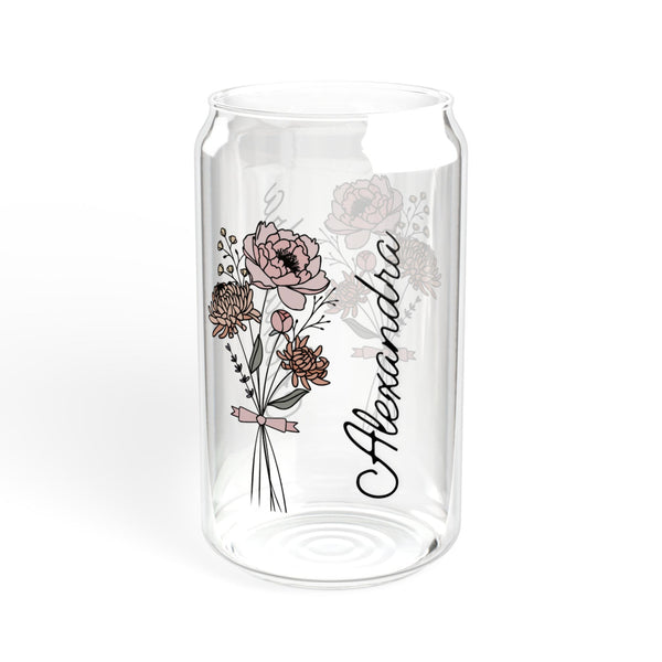 Personalized November Flower 16oz Can Glass - Stylish Sipper with Bamboo Lid and Straw