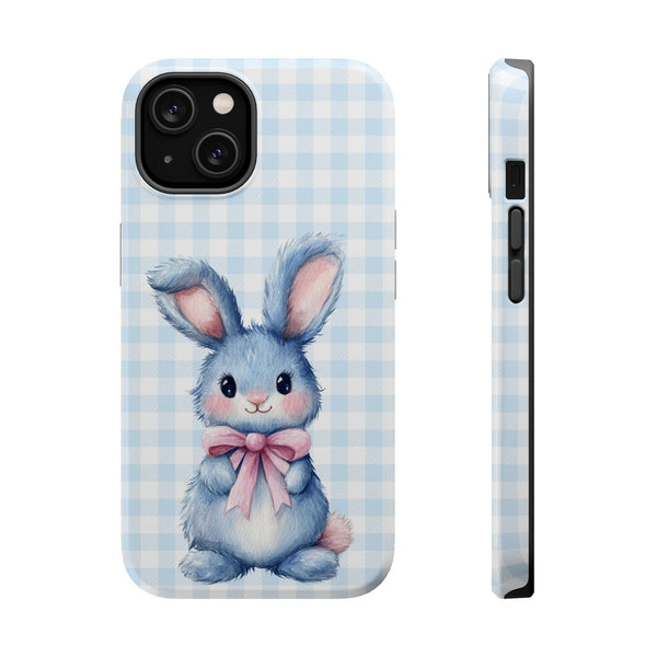 Cute Bunny on a Blue Plaid Background Magnetic Tough Cases