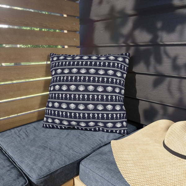 Navy Blue and White Seahorses and Shells Outdoor Pillow