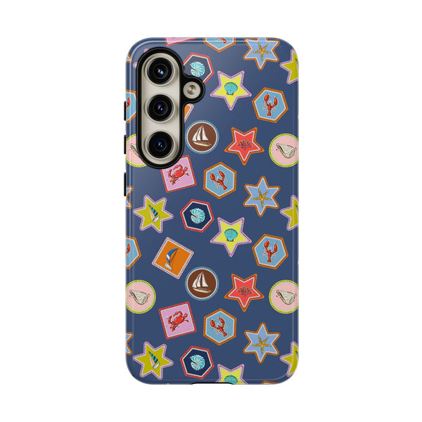 Lobsters Sailboats and Seashells on Navy Blue Phone Case