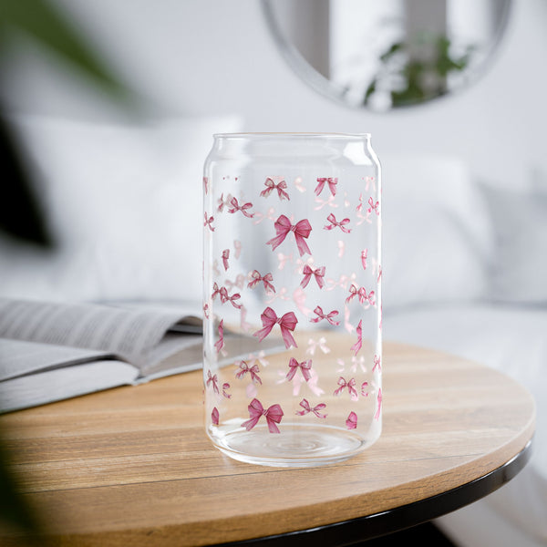 Coquette 16oz Glass Can Cup with Pink Bows, Cute Iced Coffee Cup, Sipper Glass