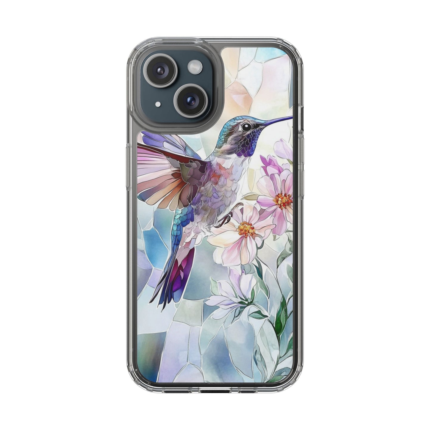 Clear Hummingbird Phone Case - Floral Stained Glass Design, Wireless Charging Compatible