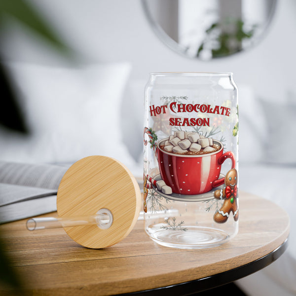 Hot Chocolate 16oz Glass, Hot Chocolate Season Can Glass, Christmas Gift Cup, Glass Jar with Lid and Straw, 16oz Glass Cup, Libbey Cup