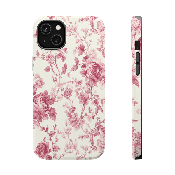Pink Floral MagSafe iPhone Case, Toile de Jouy Design, Compatible with iPhone 13 to 16, Elegant Pink Flower Design, Slim Protective Case