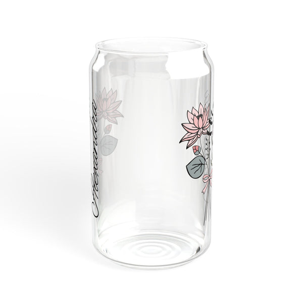 Personalized July Flower 16oz Can Glass - Stylish Sipper with Bamboo Lid and Straw