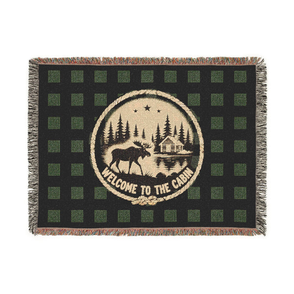 Welcome to the Cabin Woven Blanket | Moose, Log Cabin & Lake Buffalo Plaid Throw | Rustic Lodge Decor | Fall & Winter Gift