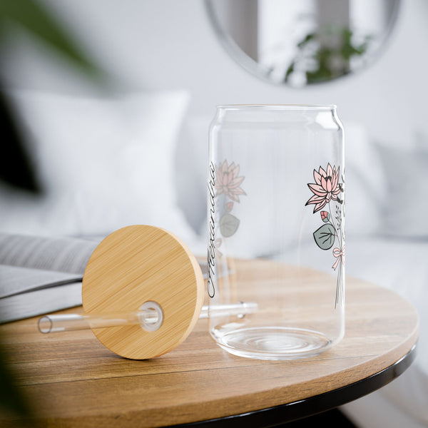 Personalized July Flower 16oz Can Glass - Stylish Sipper with Bamboo Lid and Straw