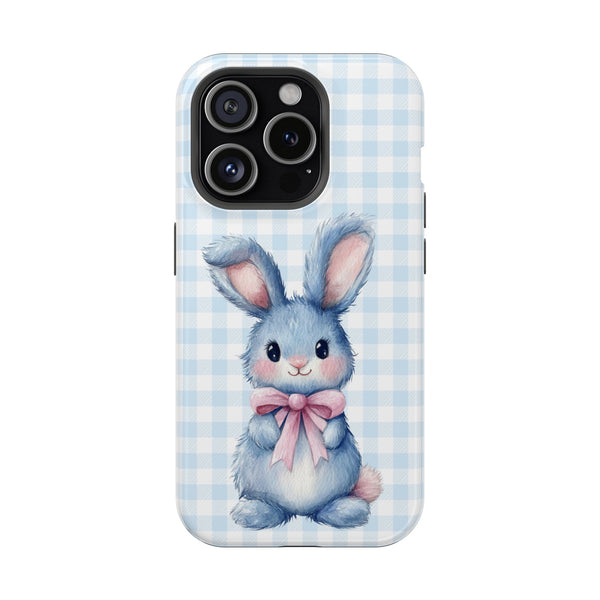 Cute Bunny on a Blue Plaid Background Magnetic Tough Cases