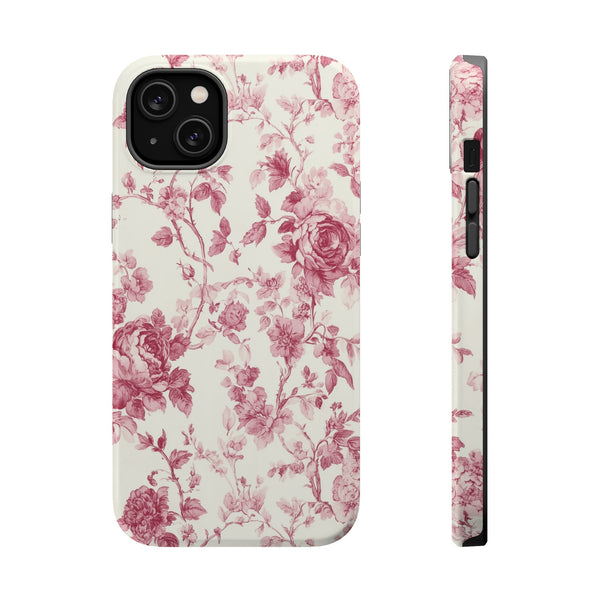 Pink Floral MagSafe iPhone Case, Toile de Jouy Design, Compatible with iPhone 13 to 16, Elegant Pink Flower Design, Slim Protective Case