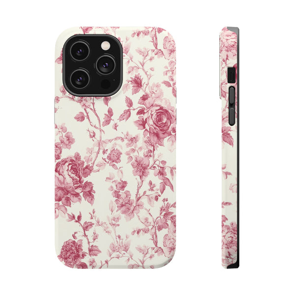 Pink Floral MagSafe iPhone Case, Toile de Jouy Design, Compatible with iPhone 13 to 16, Elegant Pink Flower Design, Slim Protective Case