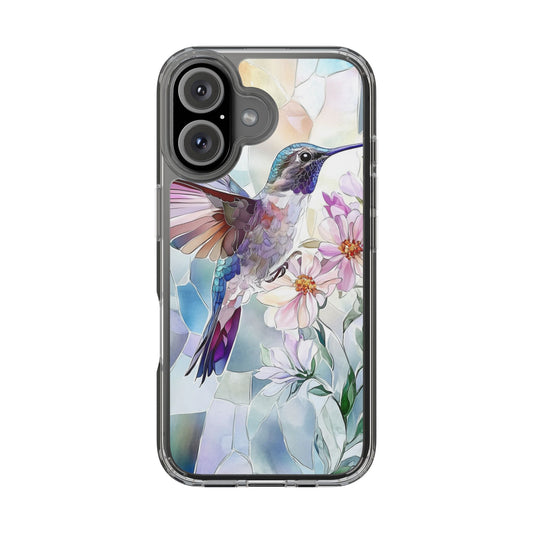 Clear Hummingbird Phone Case - Floral Stained Glass Design, Wireless Charging Compatible