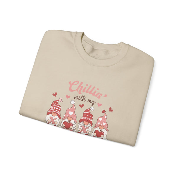 Chillin With My Gnomies Sweatshirt Women’s Valentine’s Day Gnome Crewneck Cute XOXO Heart Pullover Funny Galentine’s Gift