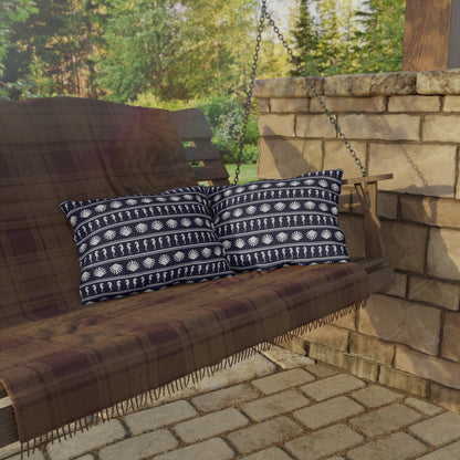 Navy Blue and White Seahorses and Shells Outdoor Pillow
