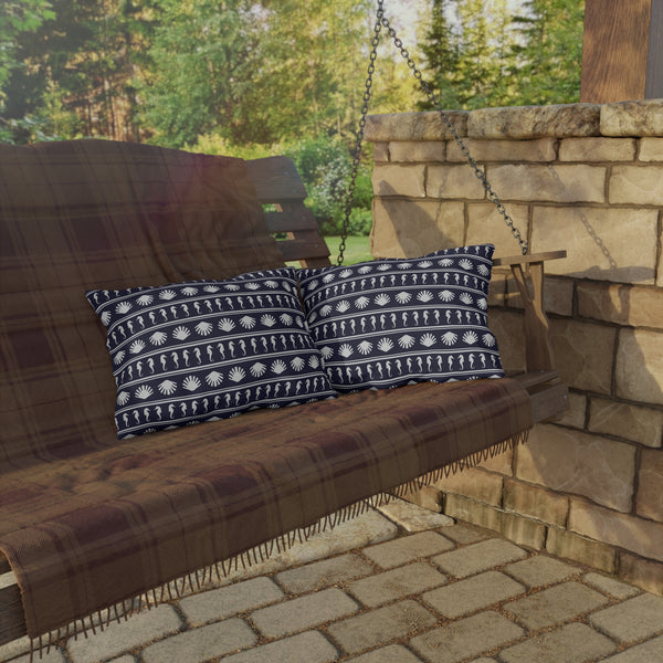 Navy Blue and White Seahorses and Shells Outdoor Pillow